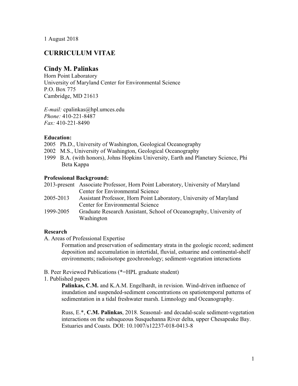 CURRICULUM VITAE Cindy M. Palinkas