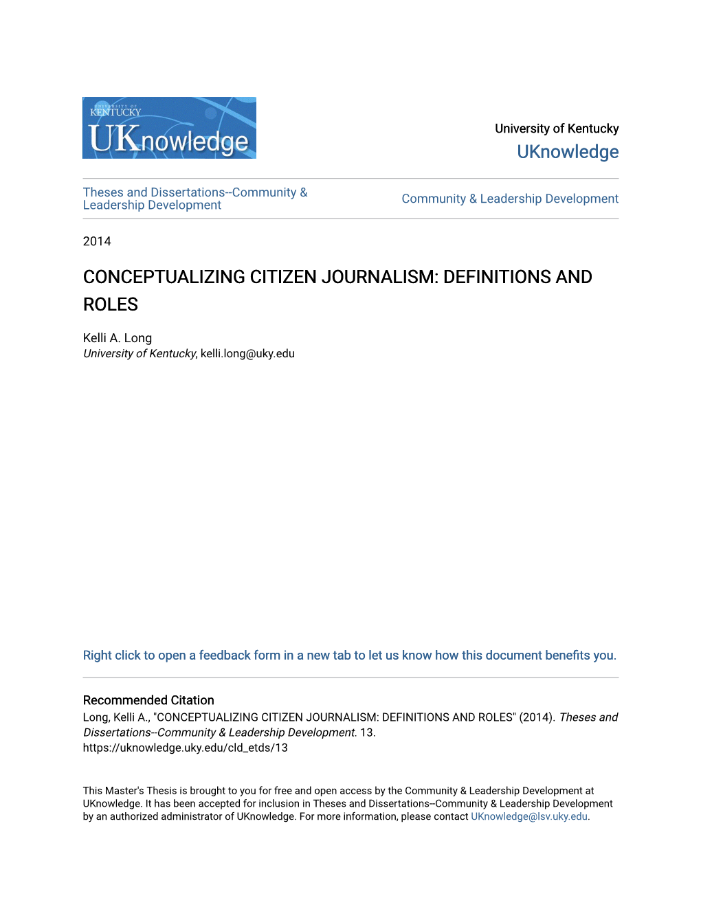 Conceptualizing Citizen Journalism: Definitions and Roles