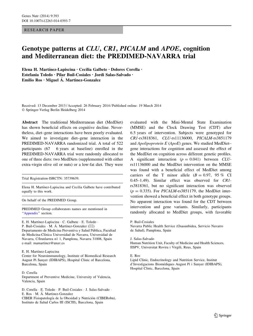 Genotype Patterns at CLU, CR1, PICALM and APOE, Cognition and Mediterranean Diet: the PREDIMED-NAVARRA Trial