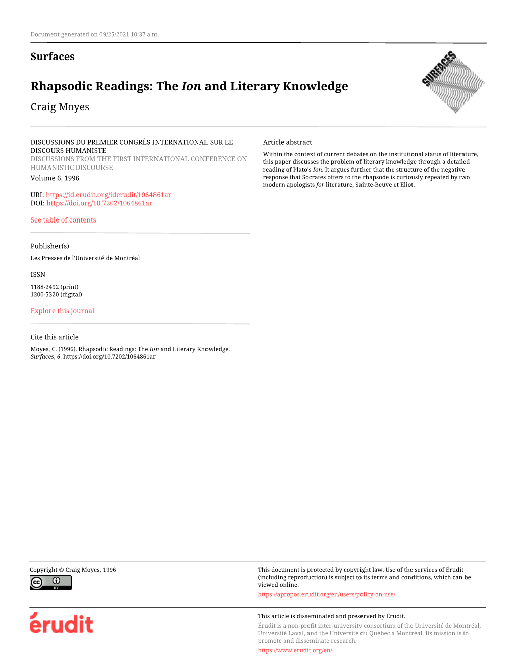 The Ion and Literary Knowledge Craig Moyes