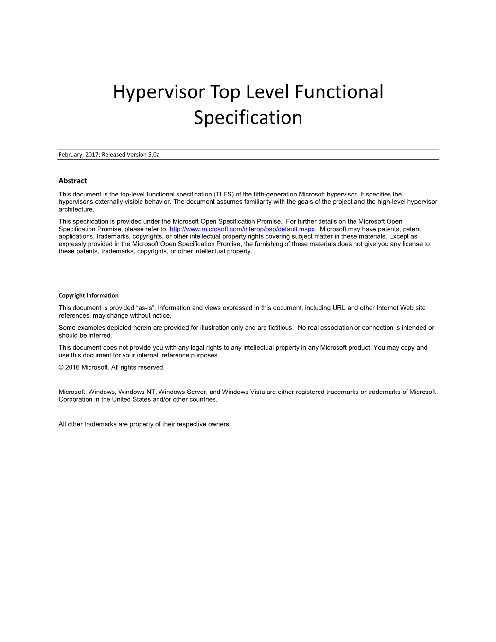 Hypervisor Top Level Functional Specification