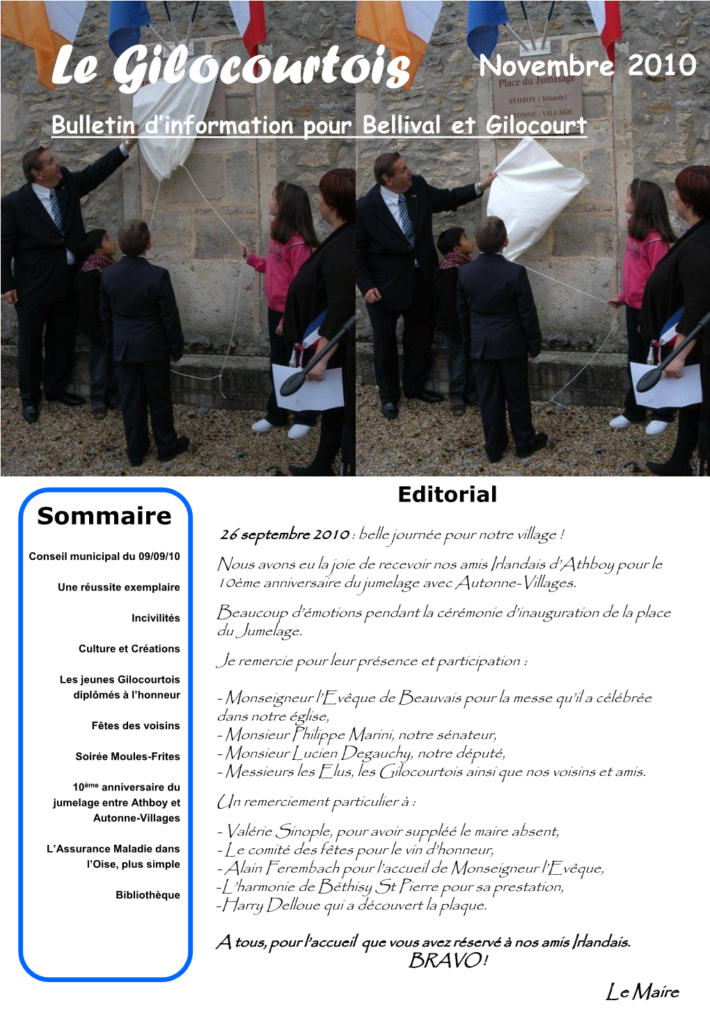 Le Gilocourtois Novembre 2010 Bulletin D’Information Pour Bellival Et Gilocourt