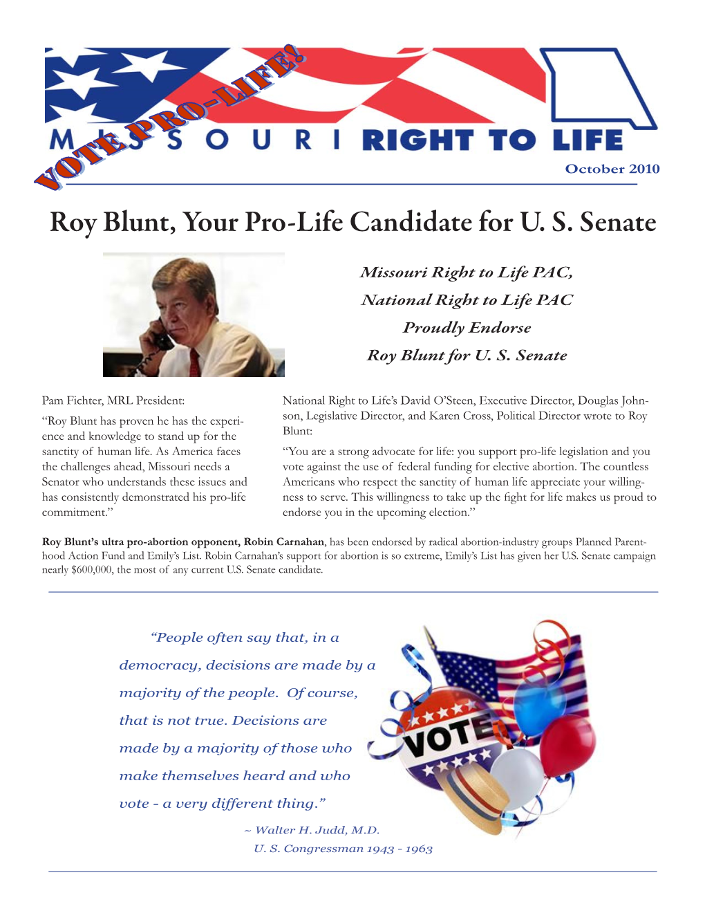 Roy Blunt, Your Pro-Life Candidate for U. S. Senate