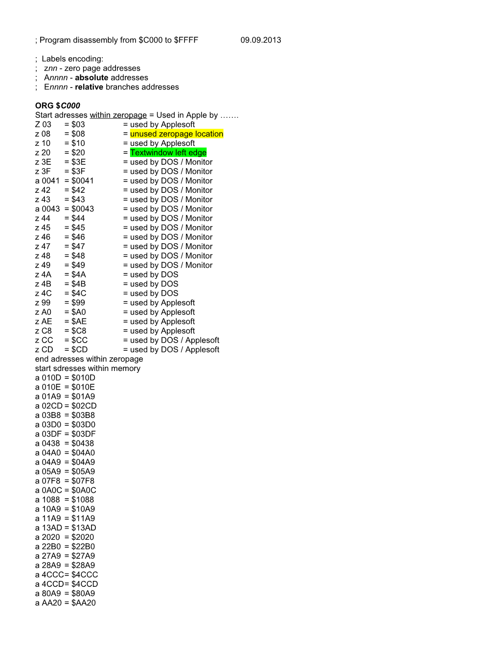 Program Disassembly from $C000 to $CFFF