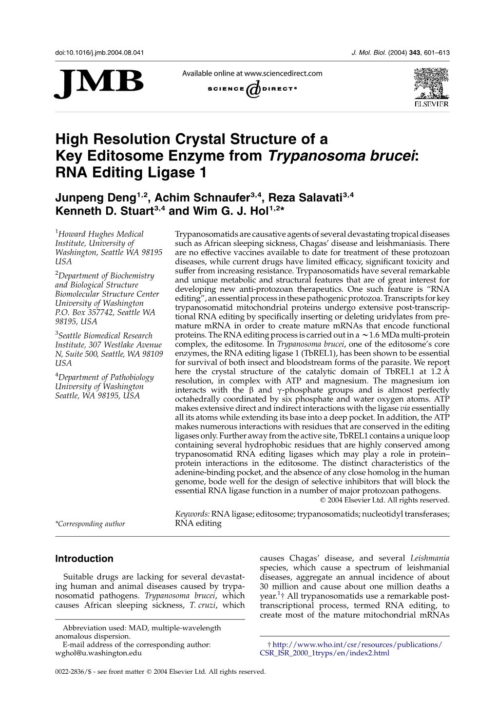 High Resolution Crystal Structure of a Key Editosome Enzyme from Trypanosoma Brucei: RNA Editing Ligase 1