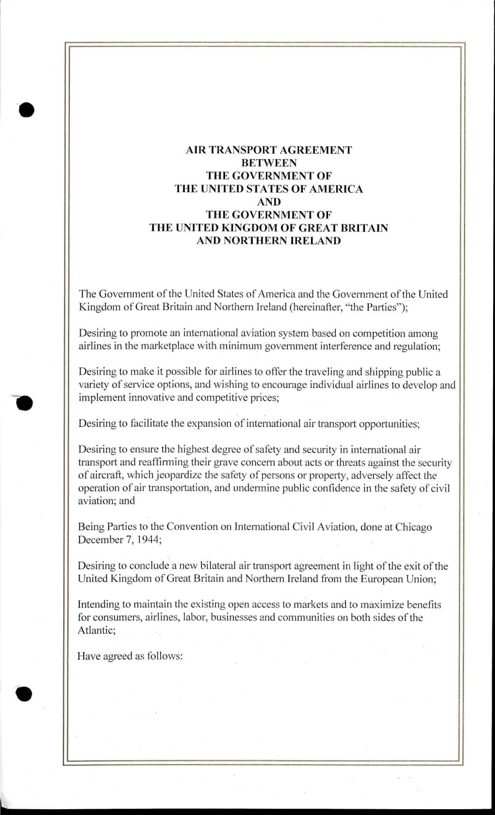 AIR TRANSPORT AGREEMENT BETWEEN the GOVERNMENT of Tile UNITED STATES of AMERICA and the GOVERNMENT of the UNITED KINGDOM of GREAT BRITAIN and NORTHERN IRELAND