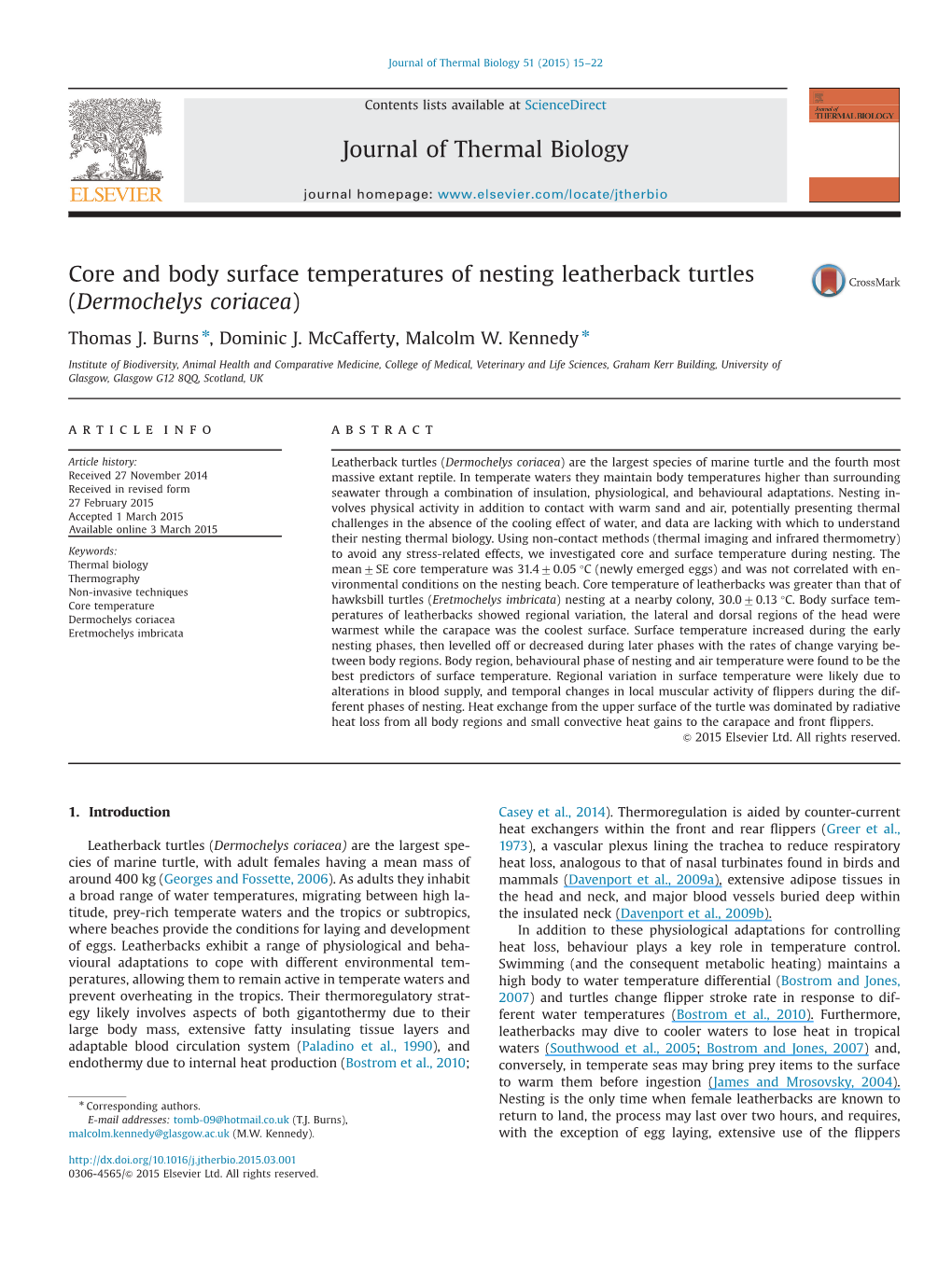 Core and Body Surface Temperatures of Nesting Leatherback Turtles (Dermochelys Coriacea)