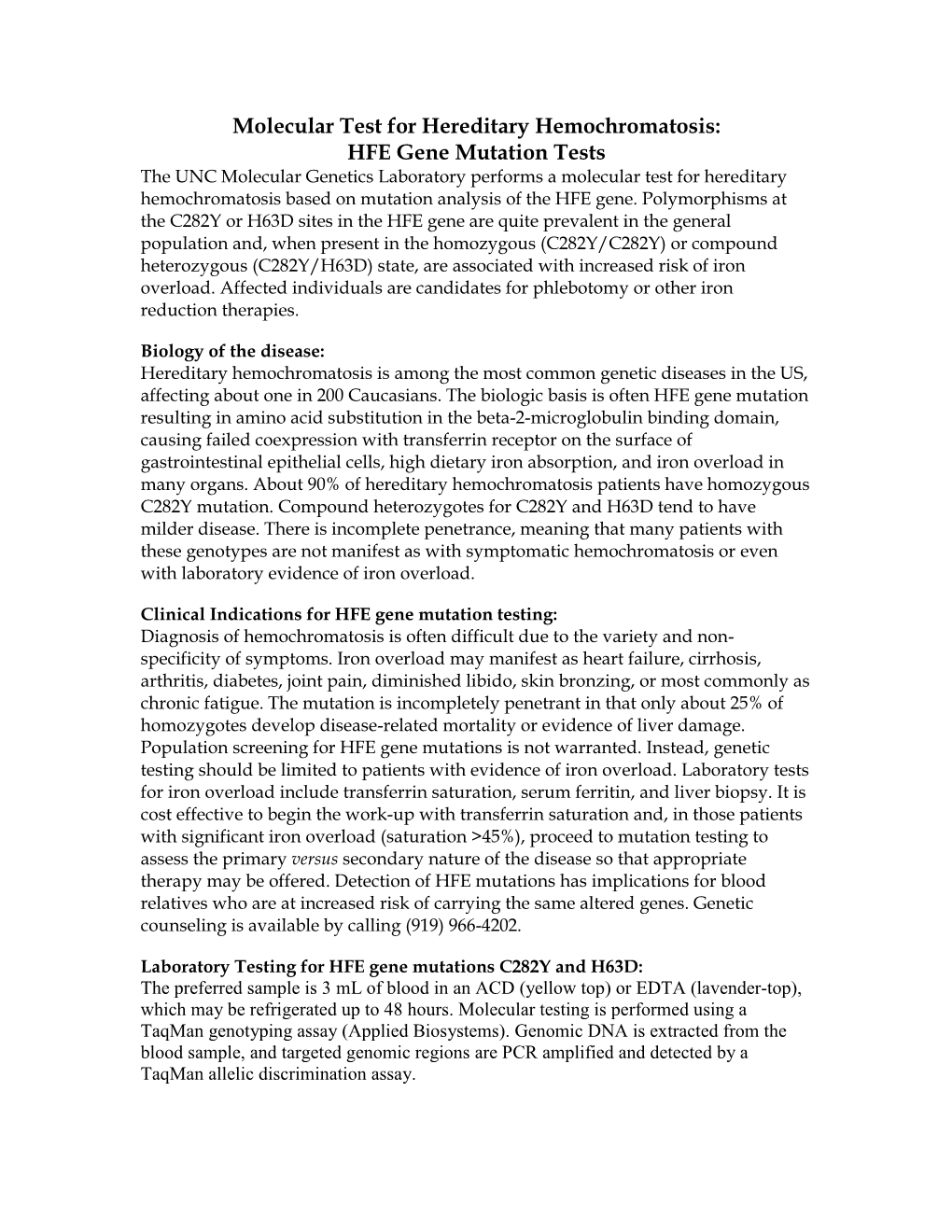 Molecular Test for Hereditary Hemochromatosis HFE Gene