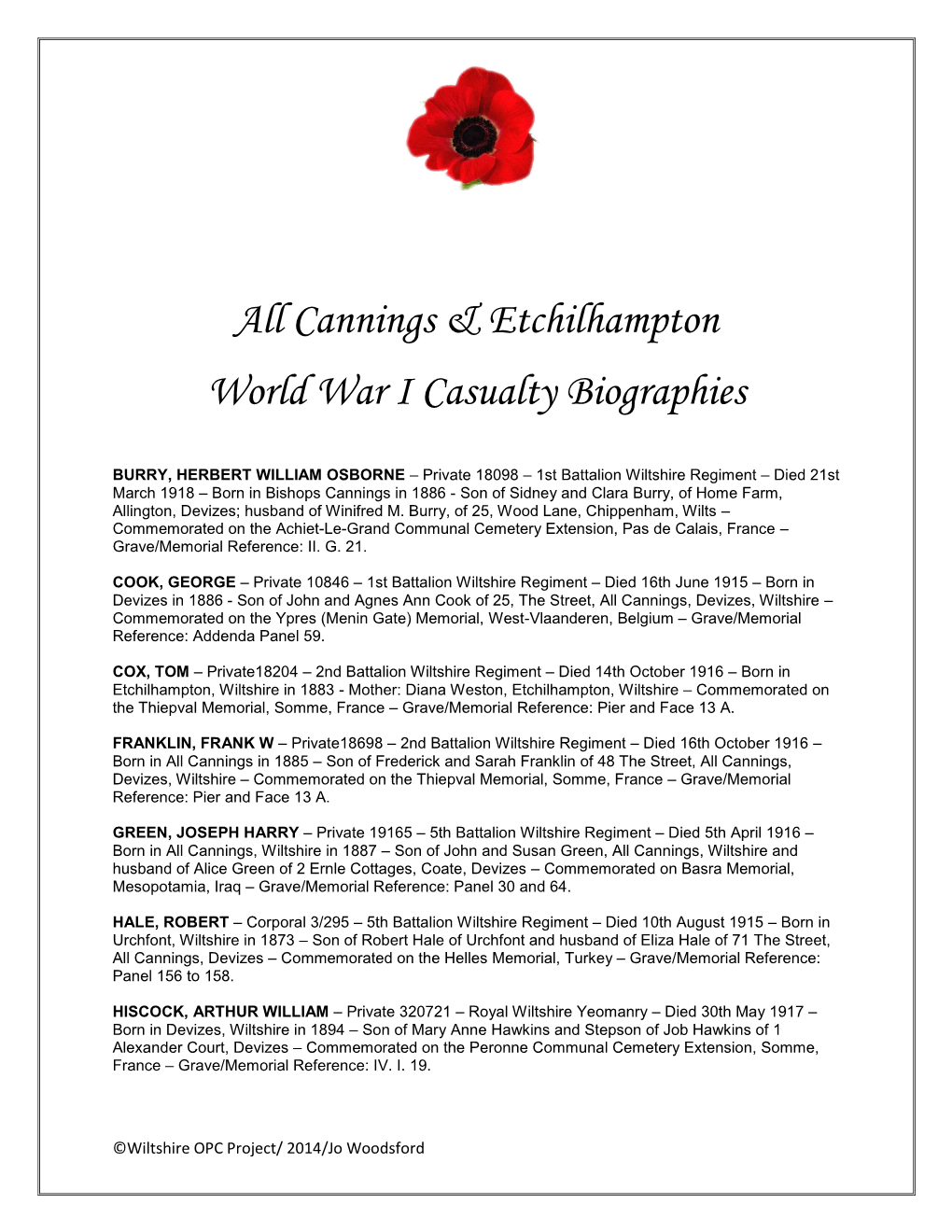 All Cannings & Etchilhampton World War I Casualty Biographies