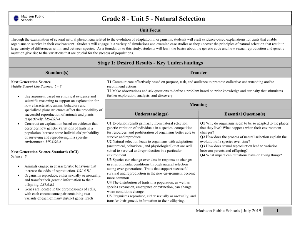 Grade 8 - Unit 5 - Natural Selection