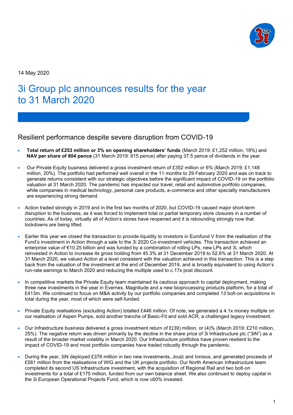 3I Group Plc Announces Results for the Year to 31 March 2020