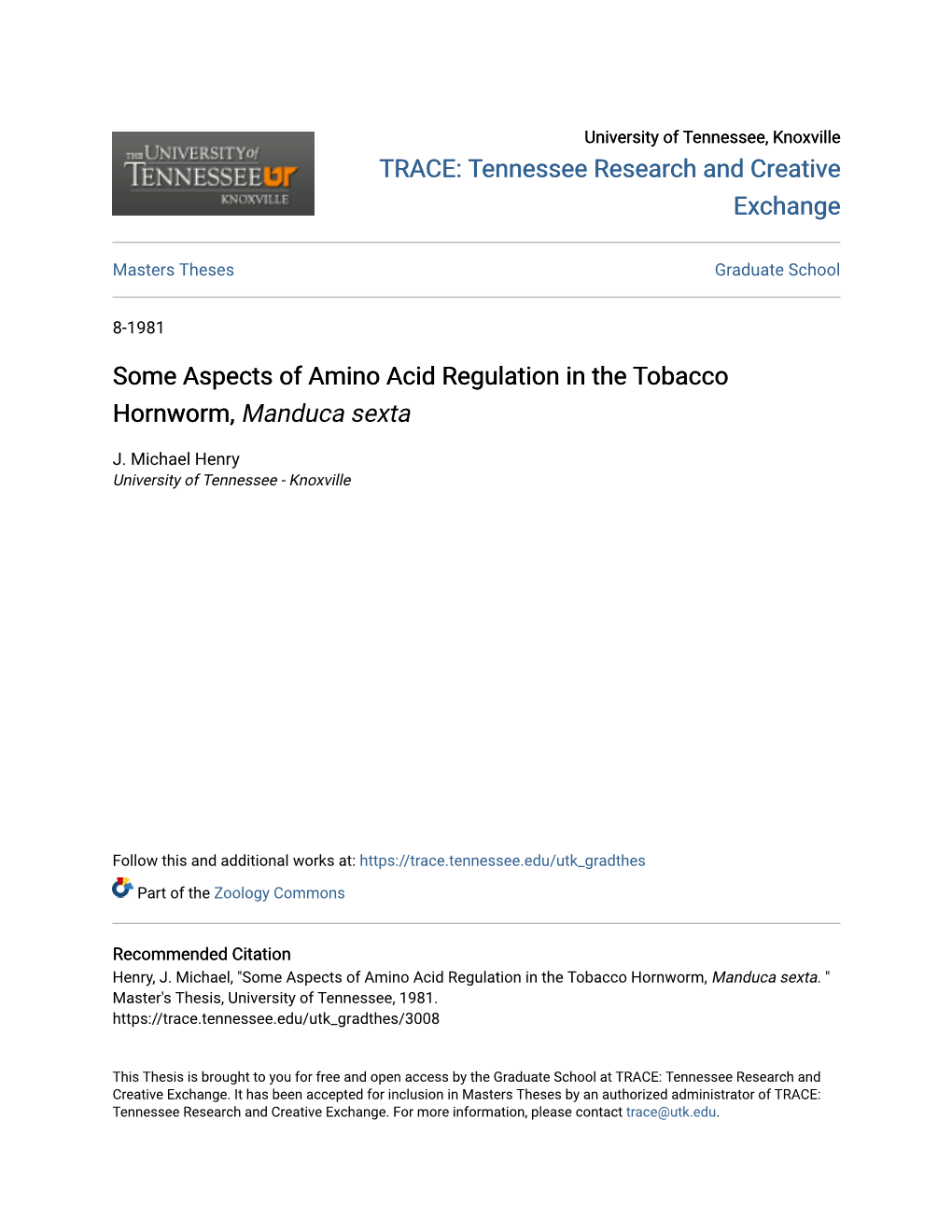 Some Aspects of Amino Acid Regulation in the Tobacco Hornworm, Manduca Sexta