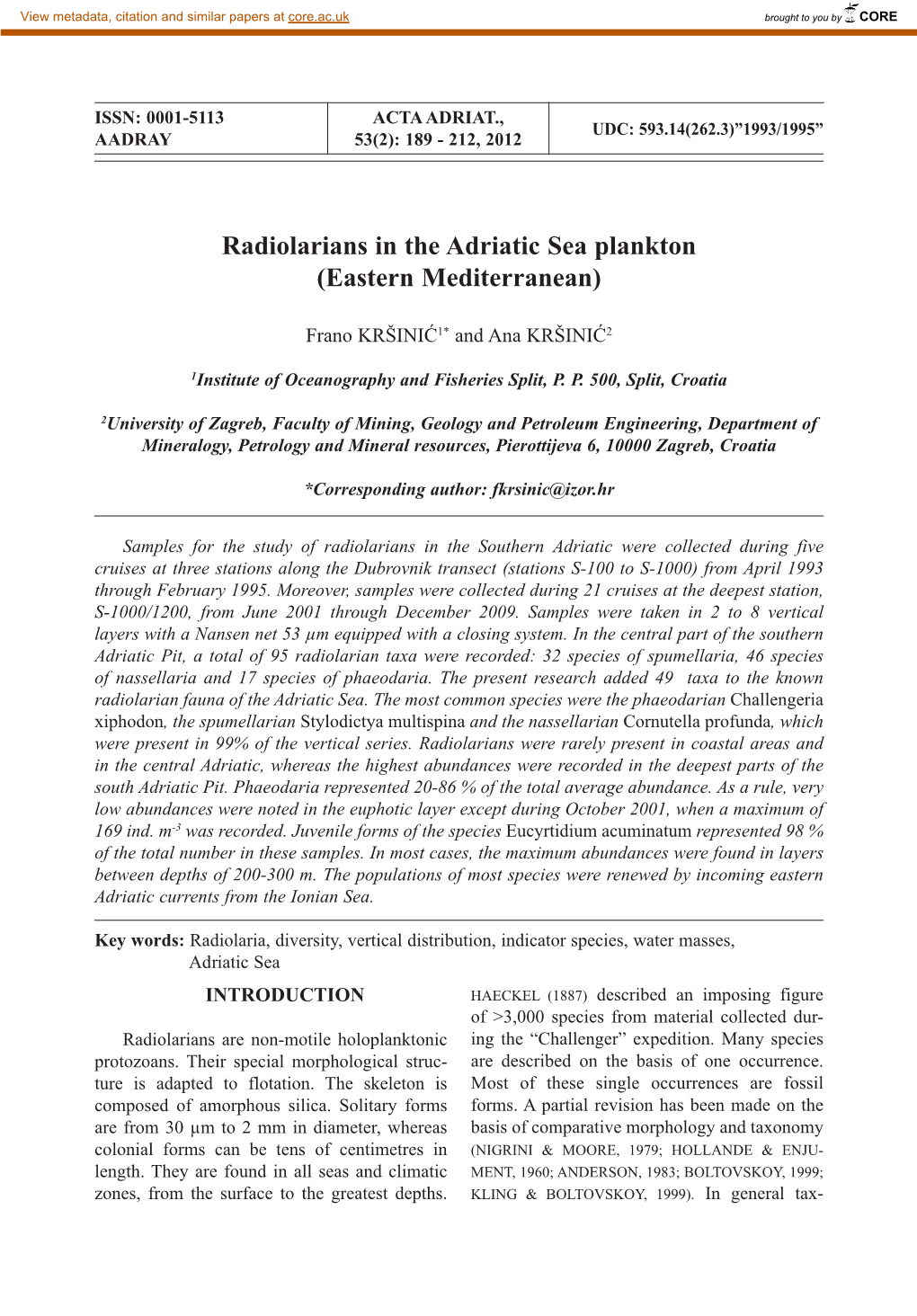 Radiolarians in the Adriatic Sea Plankton (Eastern Mediterranean)