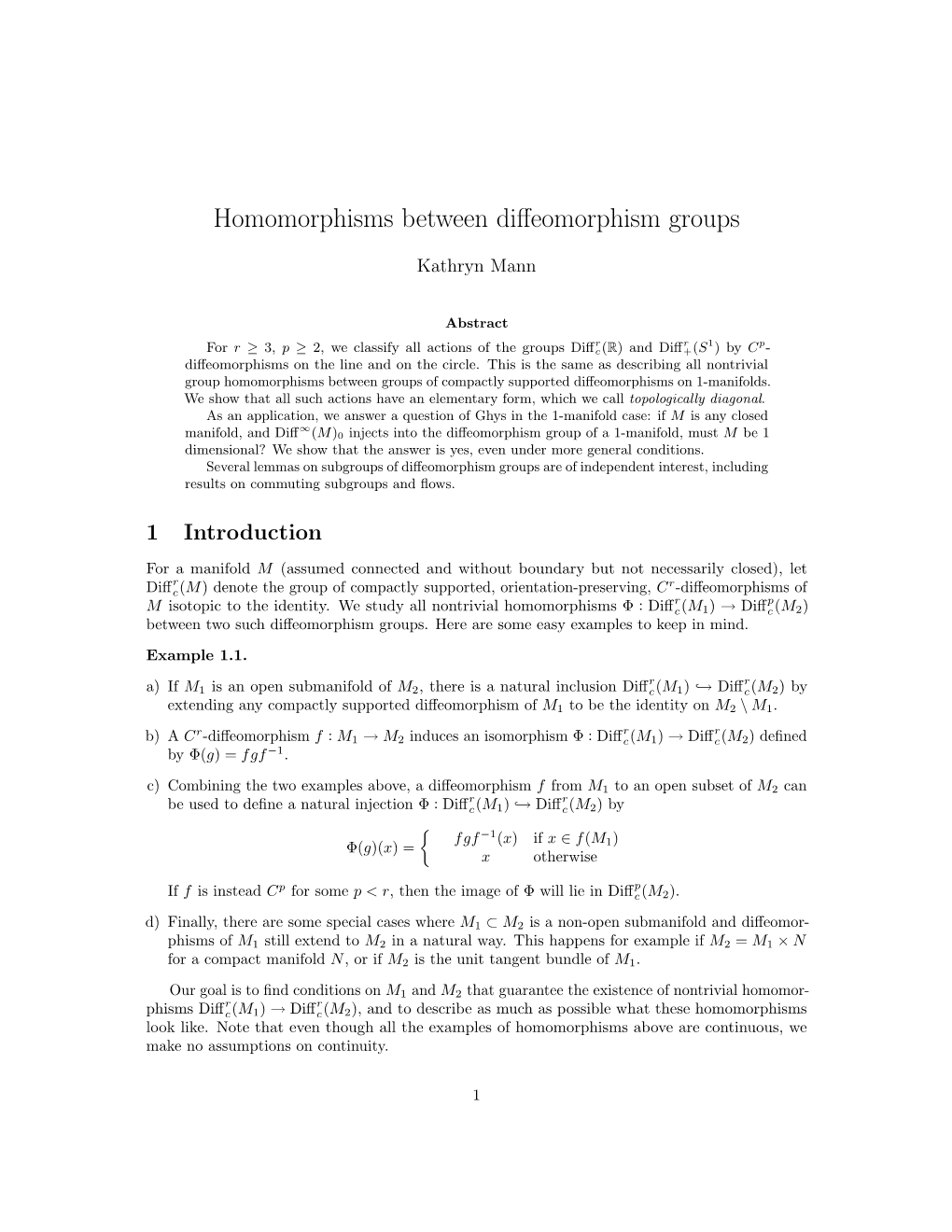 Homomorphisms Between Diffeomorphism Groups