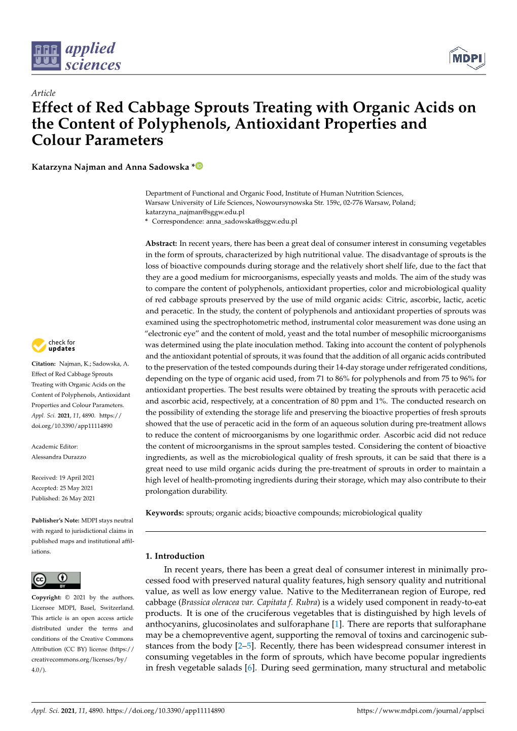 Effect of Red Cabbage Sprouts Treating with Organic Acids on the Content of Polyphenols, Antioxidant Properties and Colour Parameters