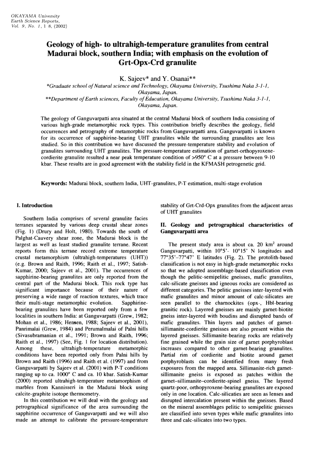 To Ultrahigh-Temperature Granulites from Central Madurai Block, Southern India; with Emphasis on the Evolution of Grt-Opx-Crd Granulite