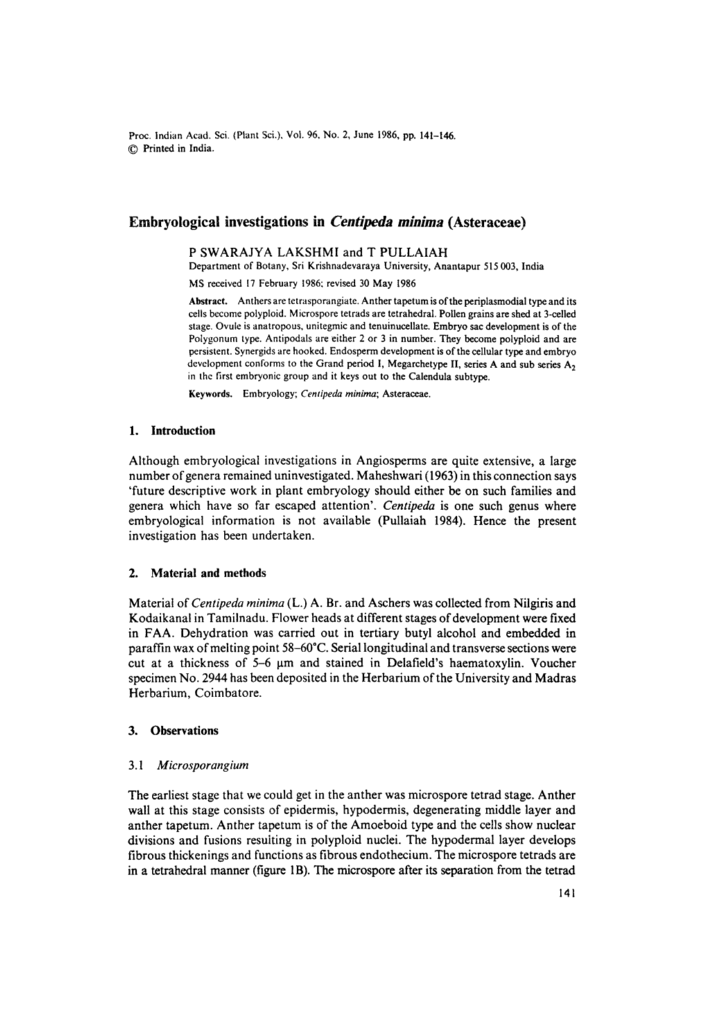 Embryological Investigations in <Emphasis Type=