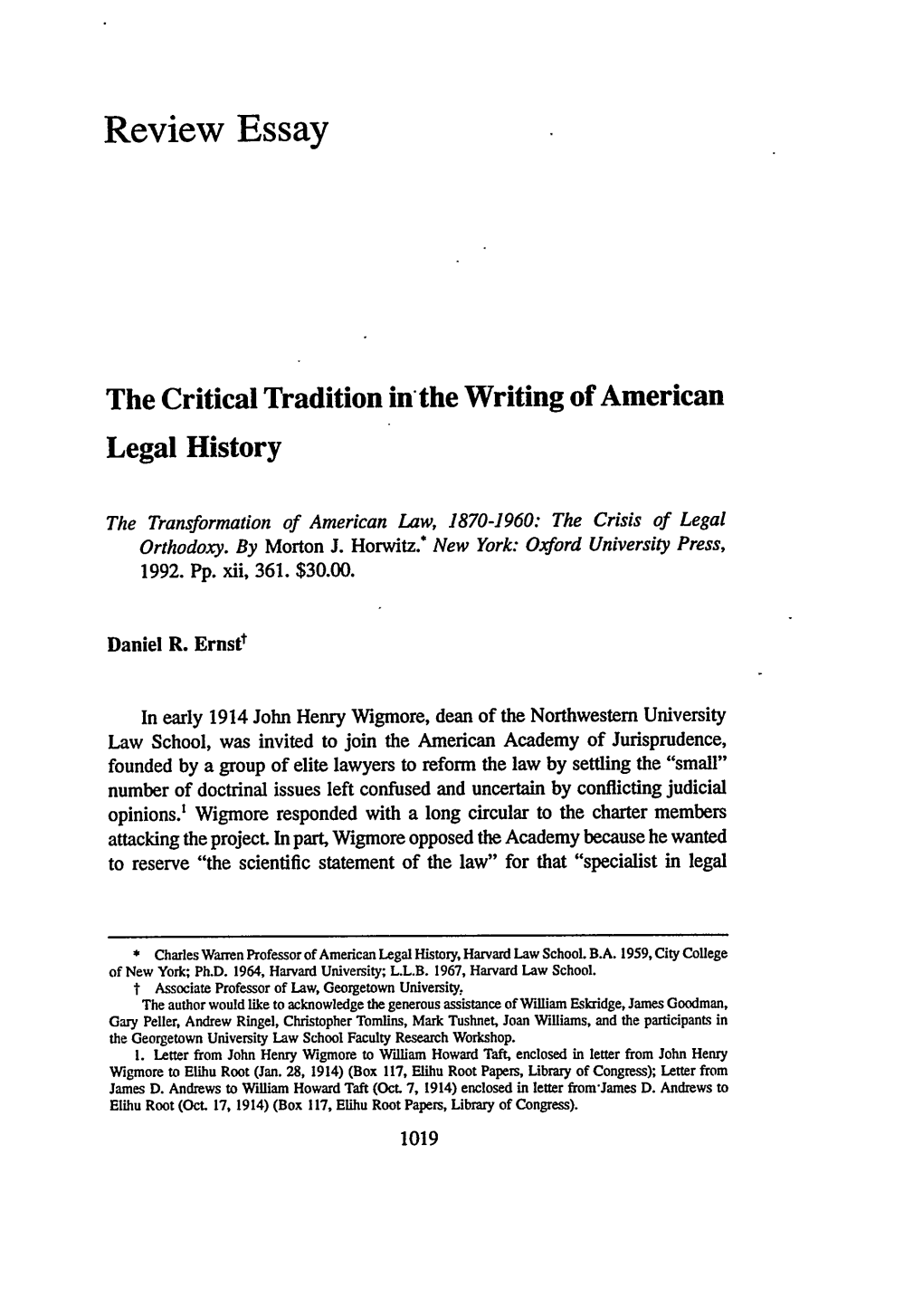 The Critical Tradition in the Writing of American Legal History