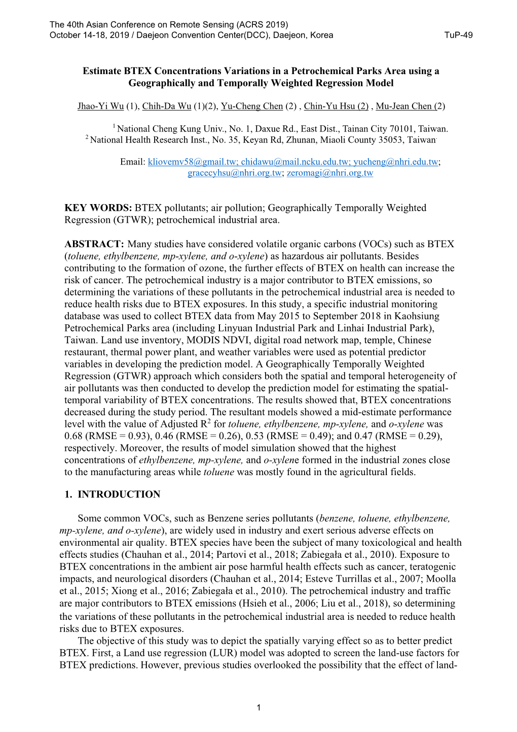 Estimate BTEX Concentrations Variations in a Petrochemical Parks Area Using a Geographically and Temporally Weighted Regression Model