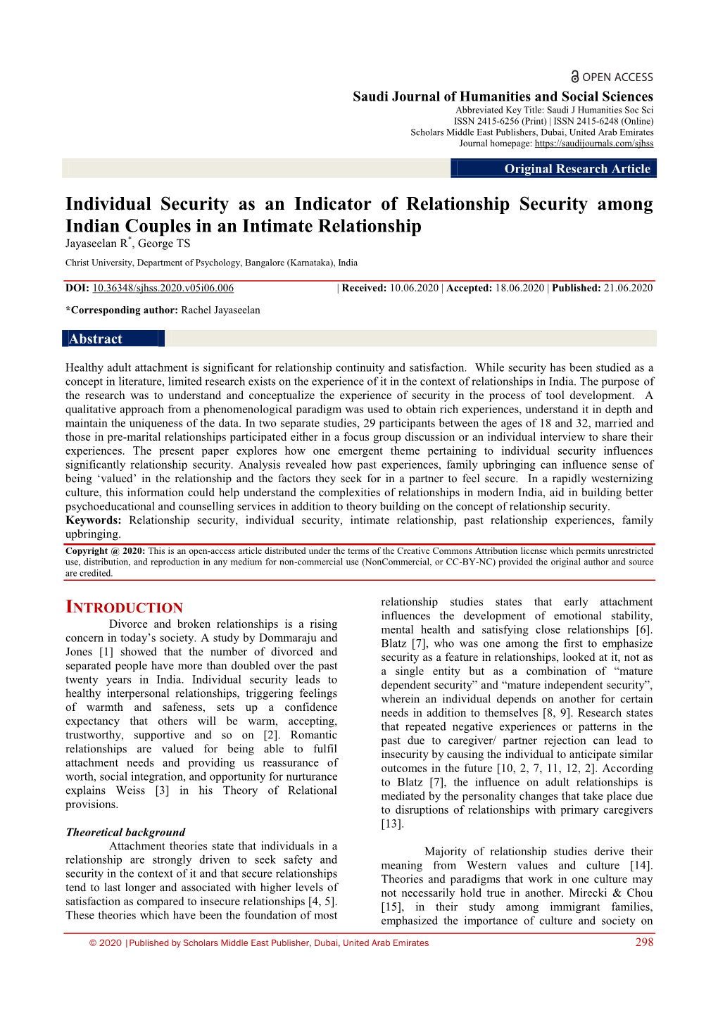 Individual Security As an Indicator of Relationship Security Among Indian Couples in an Intimate Relationship Jayaseelan R*, George TS