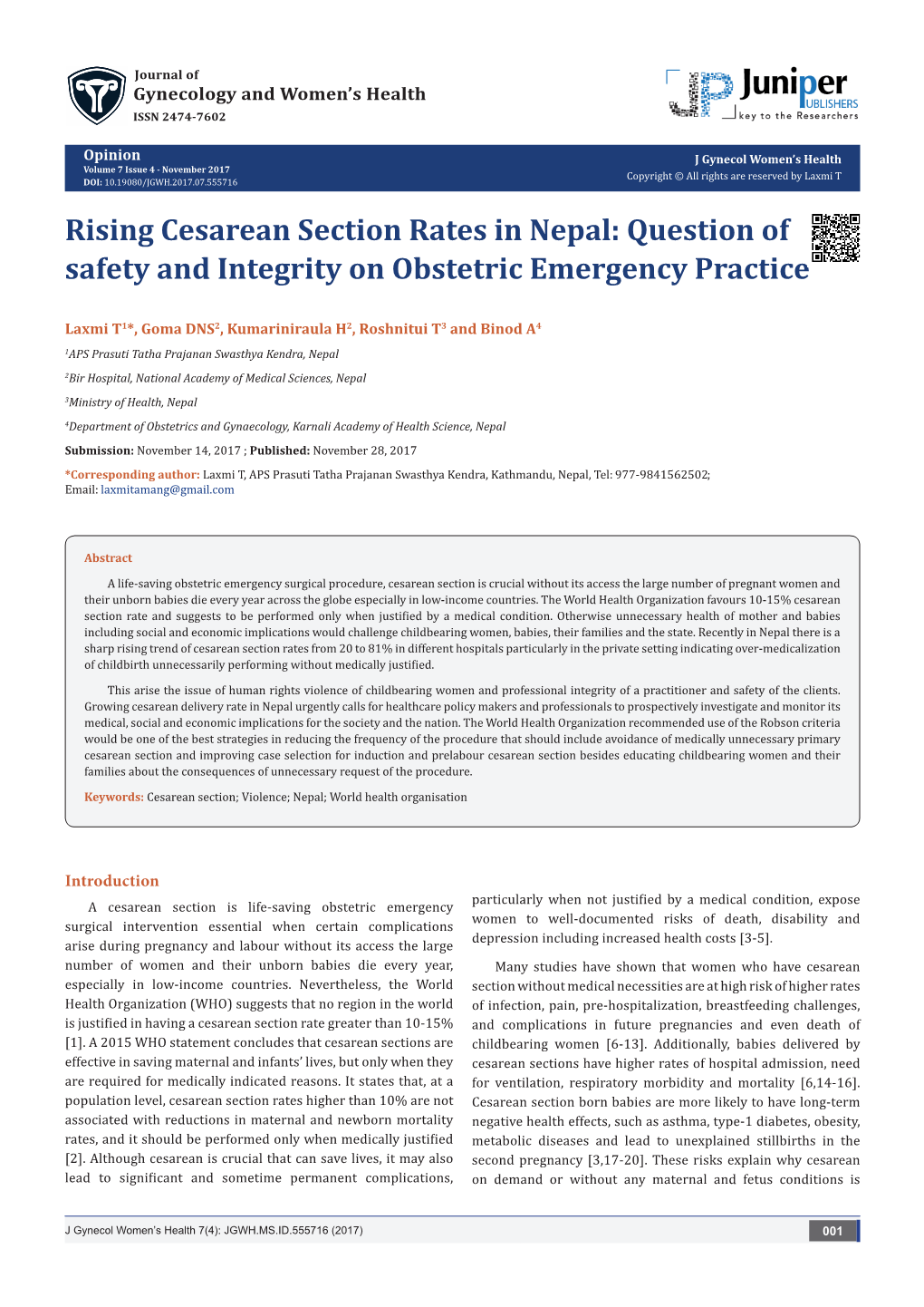 Rising Cesarean Section Rates in Nepal: Question of Safety and Integrity on Obstetric Emergency Practice