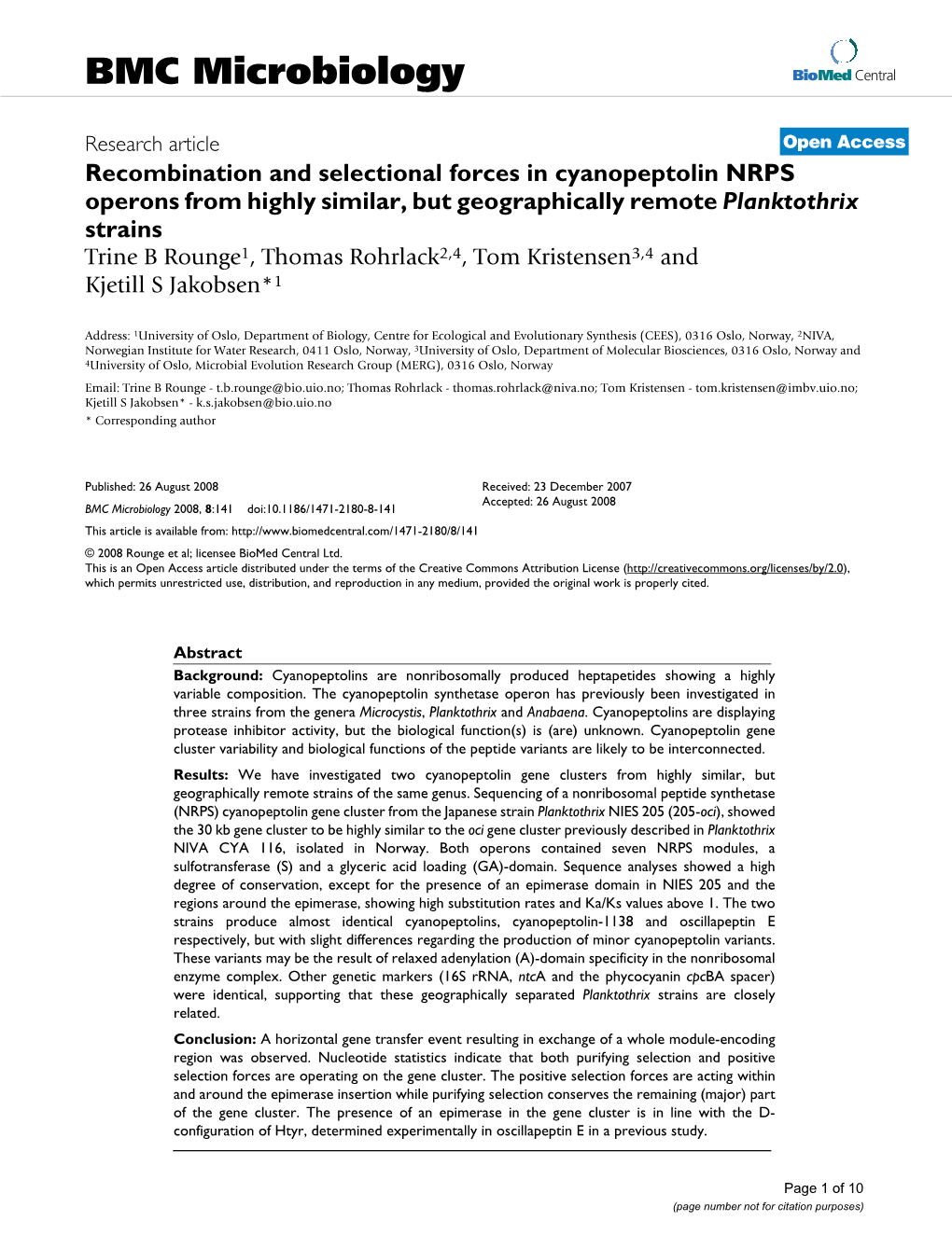 Recombination and Selectional Forces in Cyanopeptolin NRPS Operons