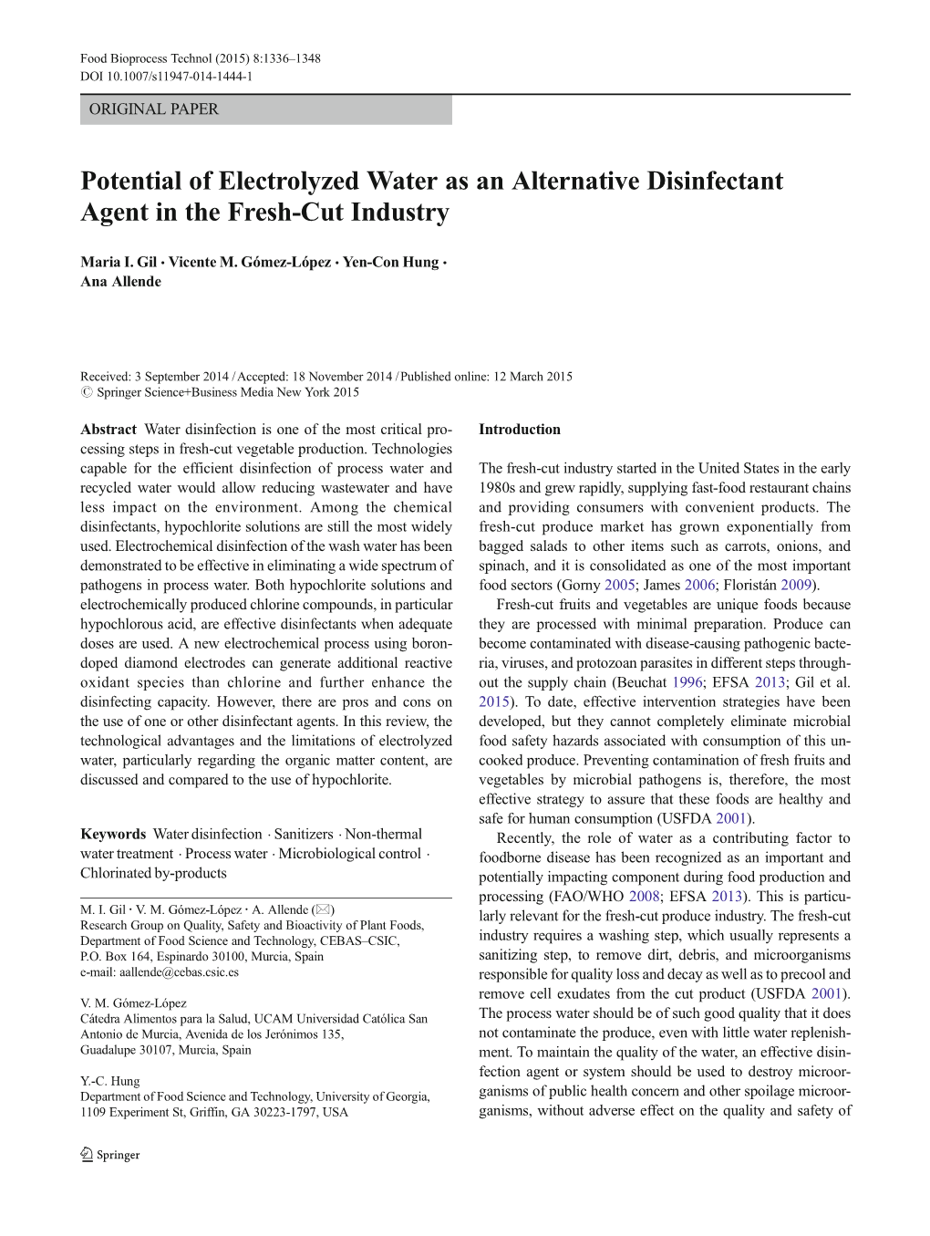 Potential of Electrolyzed Water As an Alternative Disinfectant Agent in the Fresh-Cut Industry