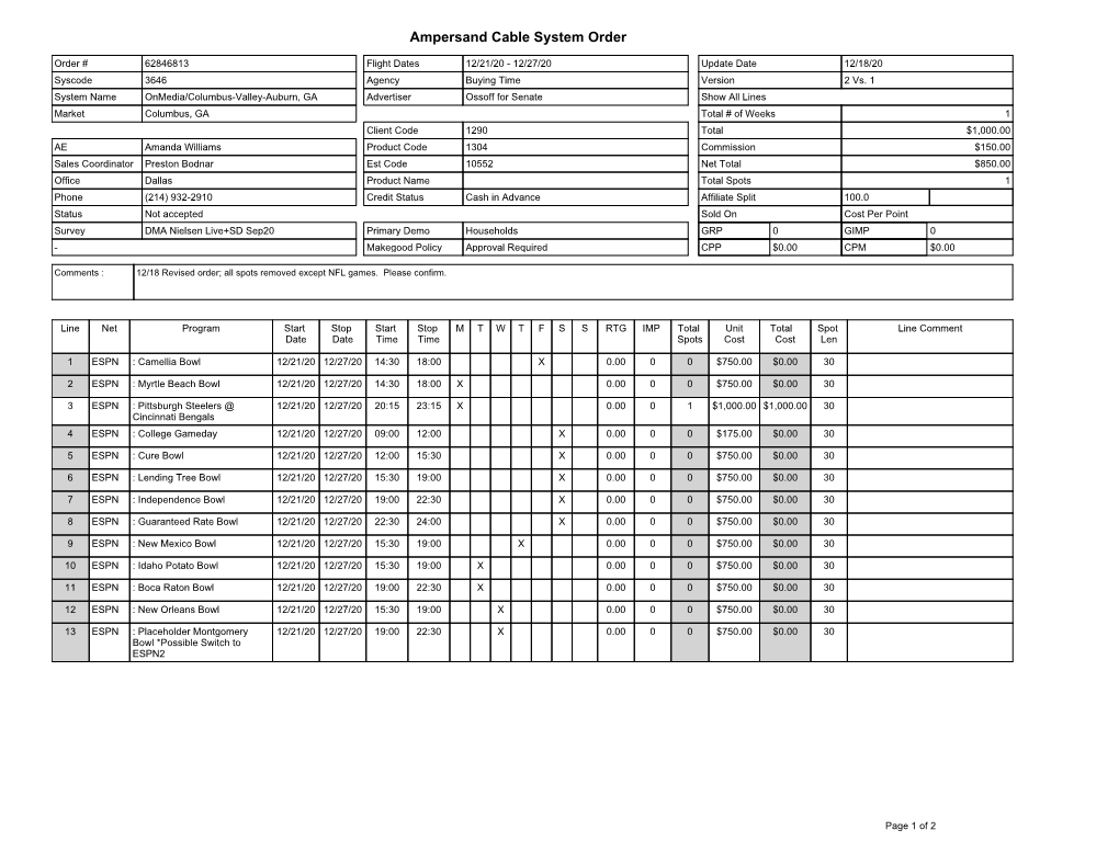 Ampersand Cable System Order