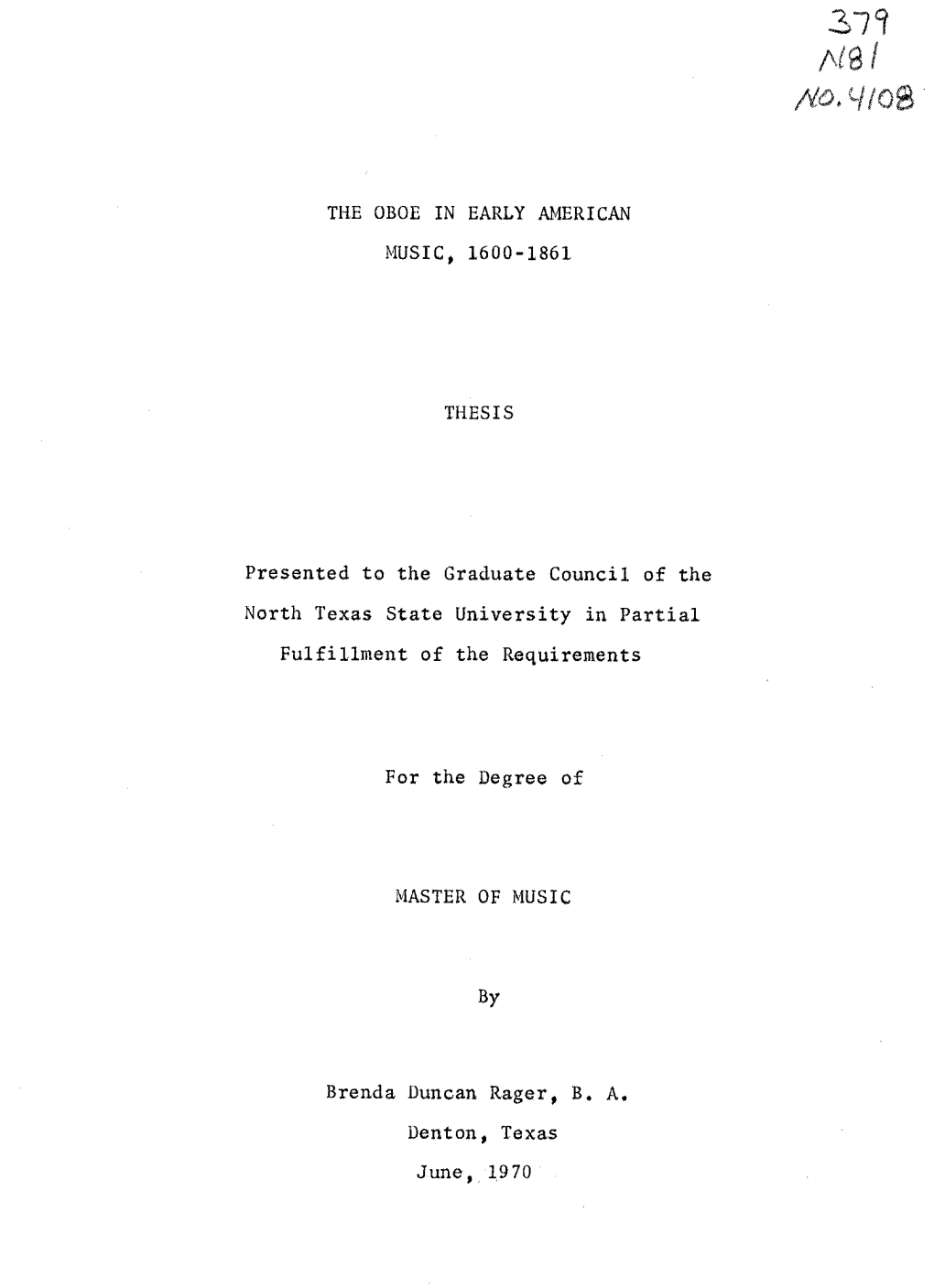 The Oboe in Early American Music, 1600-1861 Thies I S