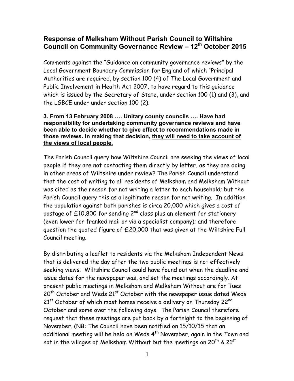 Response of Melksham Without Parish Council to Wiltshire Council on Community Governance Review – 12Th October 2015