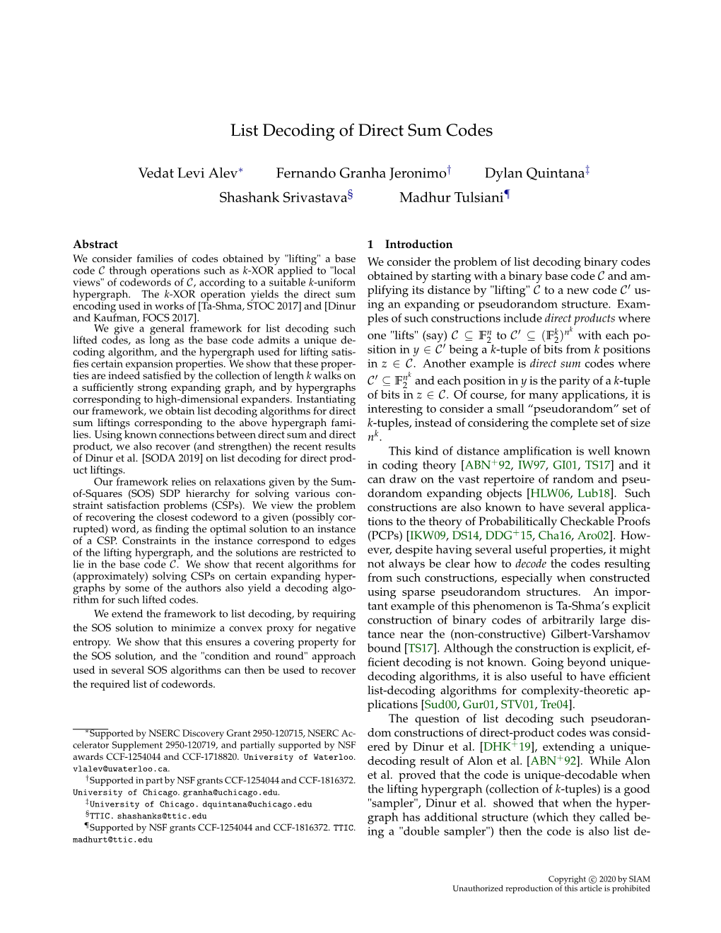 List Decoding of Direct Sum Codes