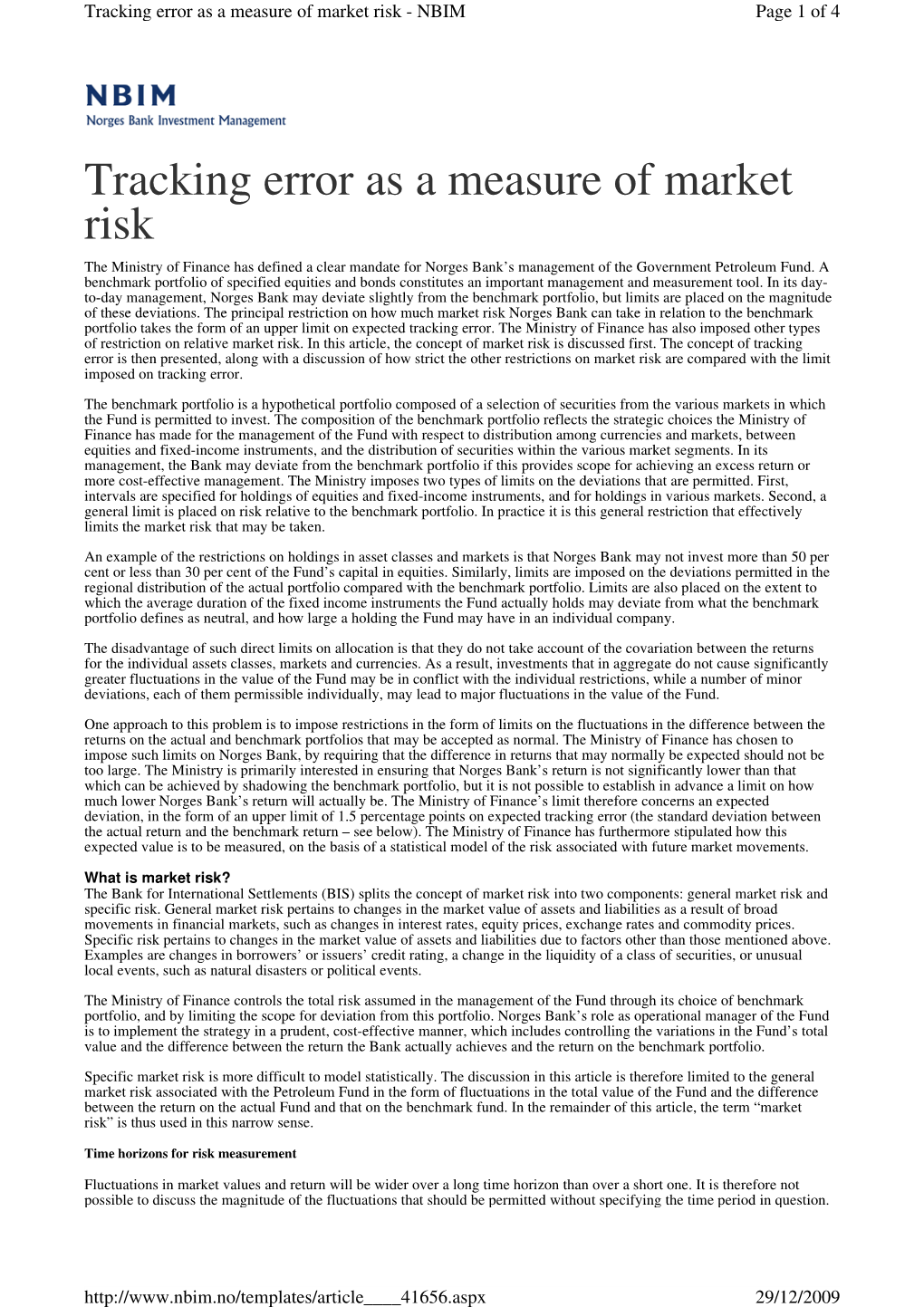 Tracking Error As a Measure of Market Risk - NBIM Page 1 of 4