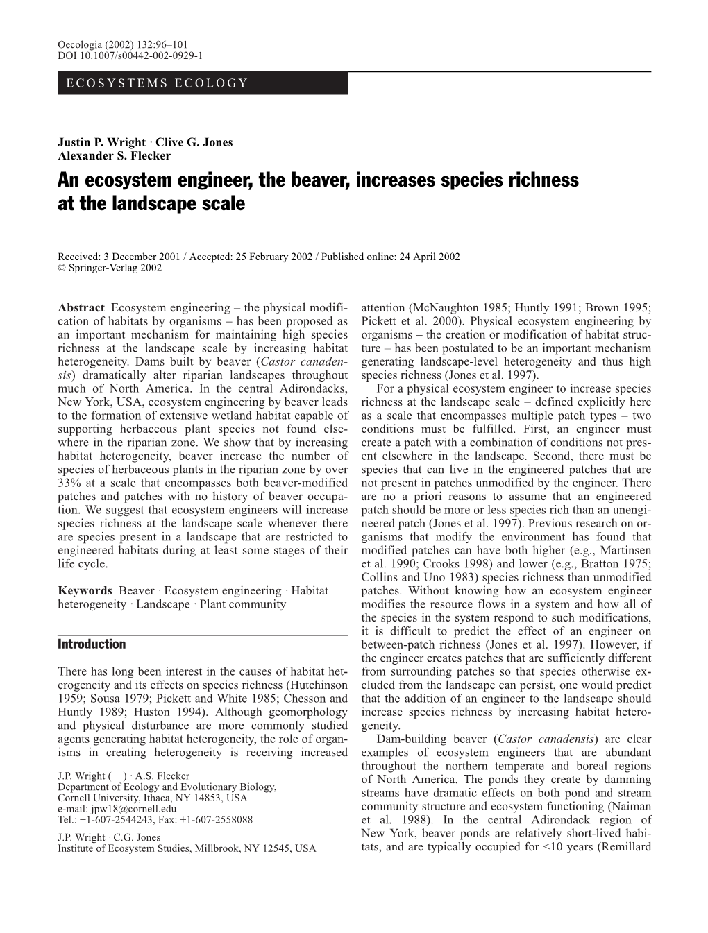 An Ecosystem Engineer, the Beaver, Increases Species Richness at the Landscape Scale