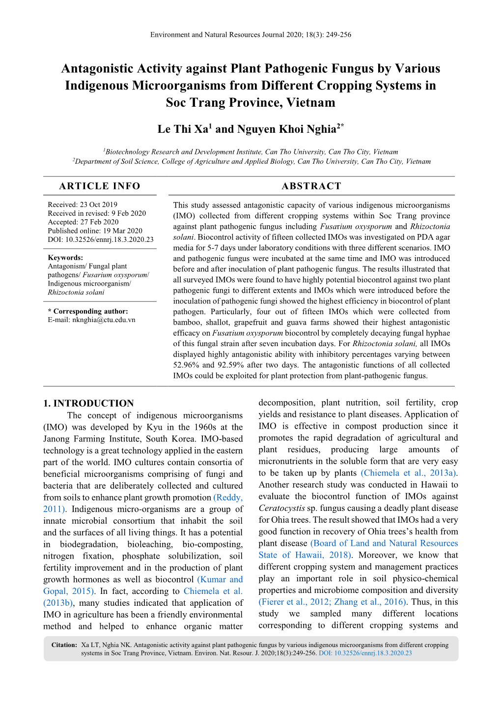 Antagonistic Activity Against Plant Pathogenic Fungus by Various Indigenous Microorganisms from Different Cropping Systems in Soc Trang Province, Vietnam