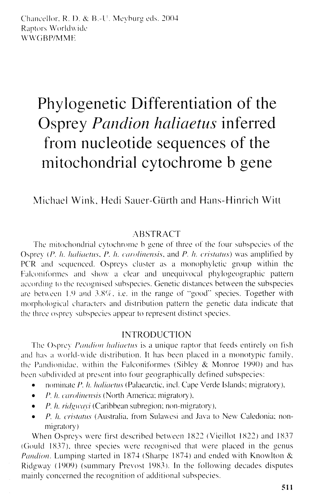 Phylogenetic Differentiation of the Osprey Pandion Haliaetus Inferred from Nucleotide Sequences of the Mitochondrial Cytochrome B Gene