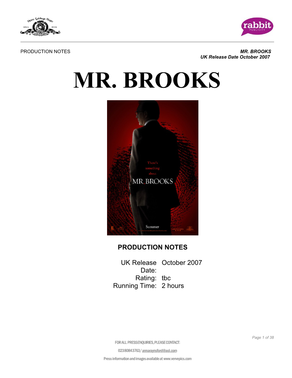 MR. BROOKS UK Release Date October 2007 MR
