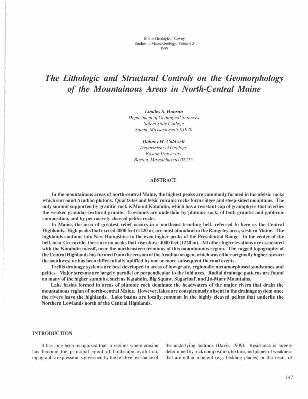 The Lithologic and Structural Controls on the Geomorphology of the Mountainous Areas in North-Central Maine