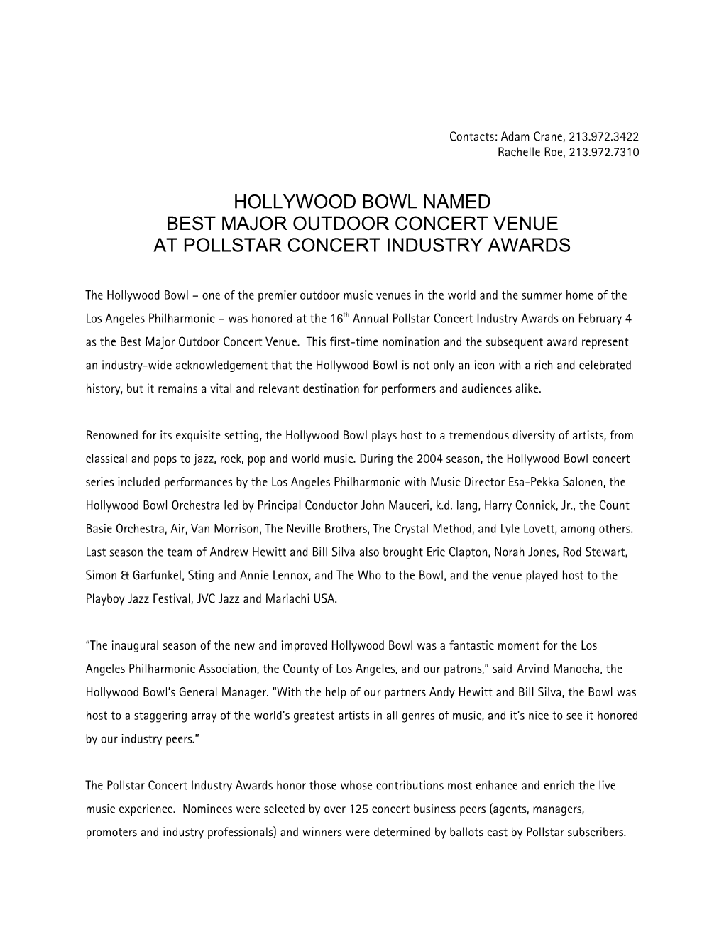 Hollywood Bowl Named Best Major Outdoor Concert Venue at Pollstar Concert Industry Awards