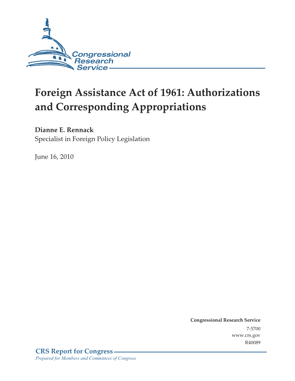 Foreign Assistance Act of 1961: Authorizations and Corresponding Appropriations