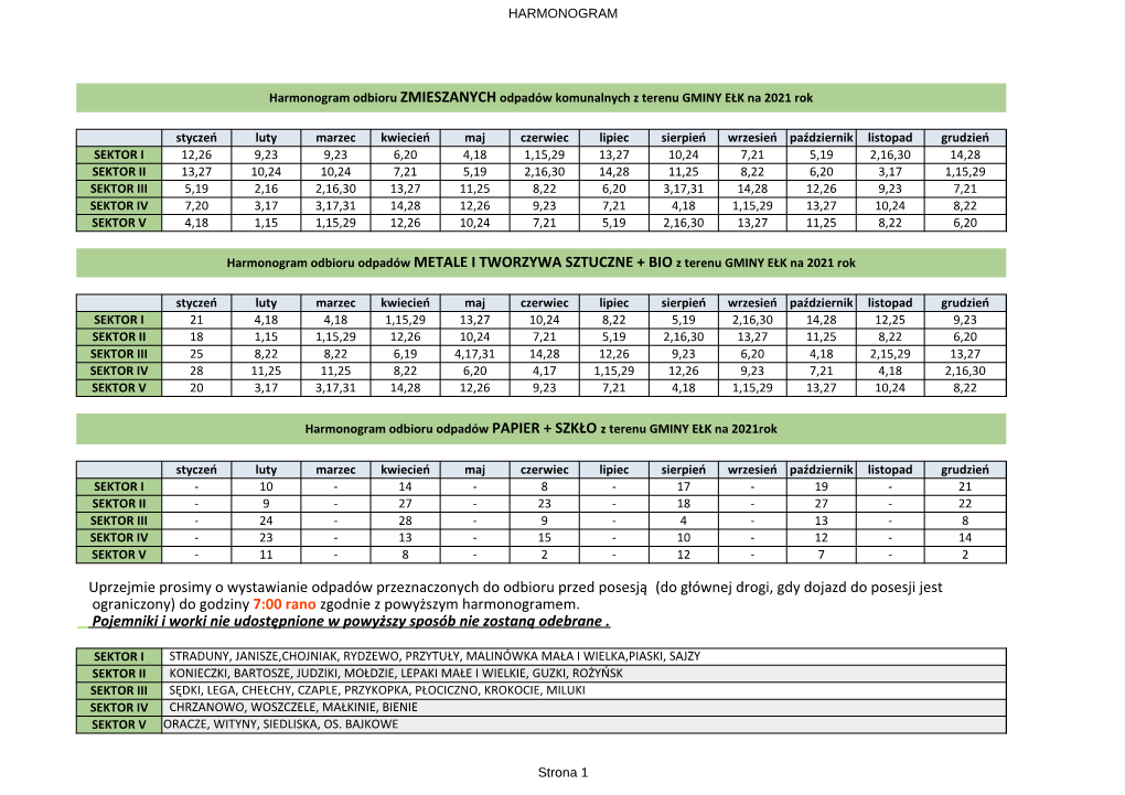 Harmonogram Odbioru ZMIESZANYCH Odpadów Komunalnych Z Terenu GMINY EŁK Na 2021 Rok