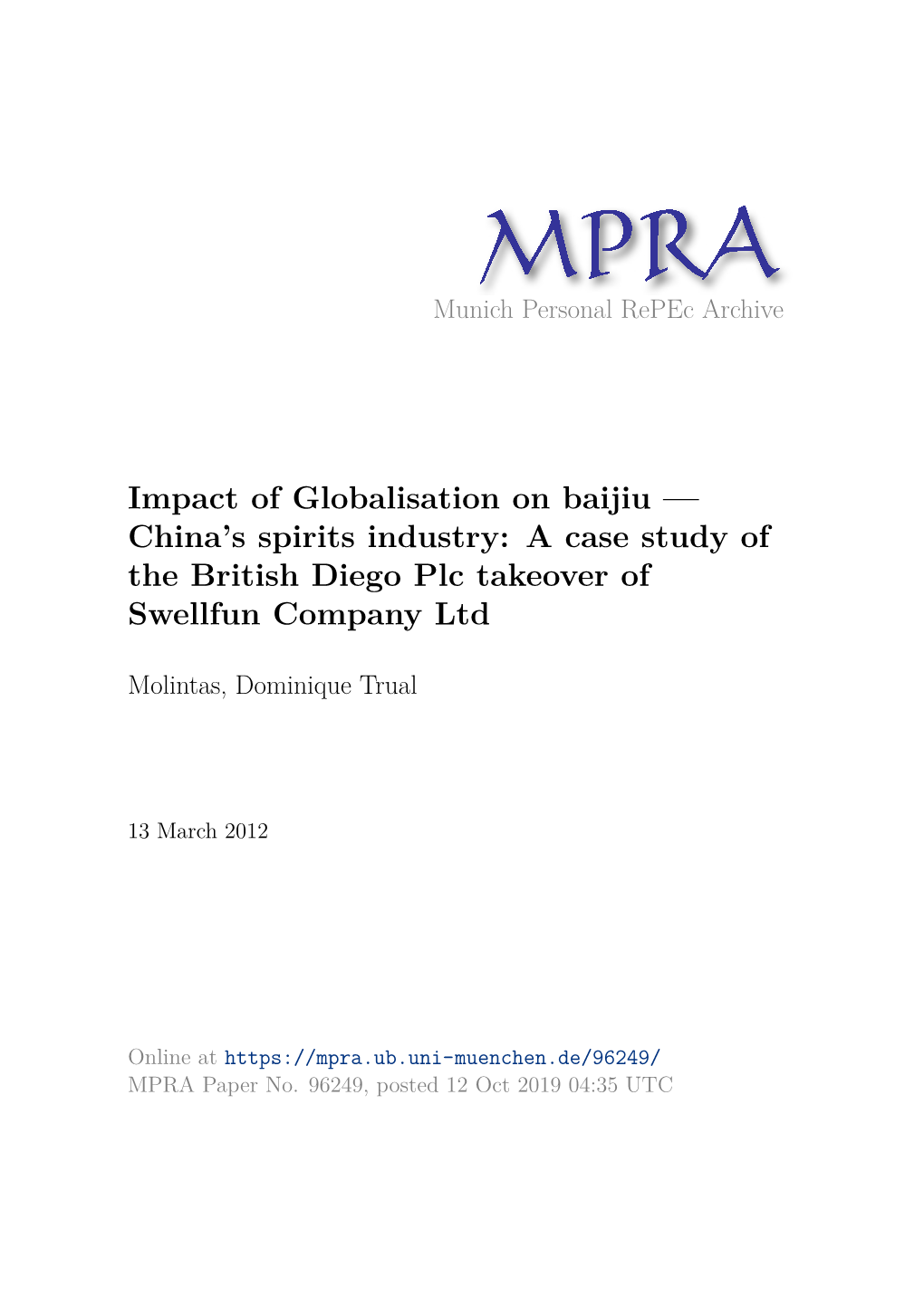 Impact of Globalisation on Baijiu — China's Spirits Industry: a Case