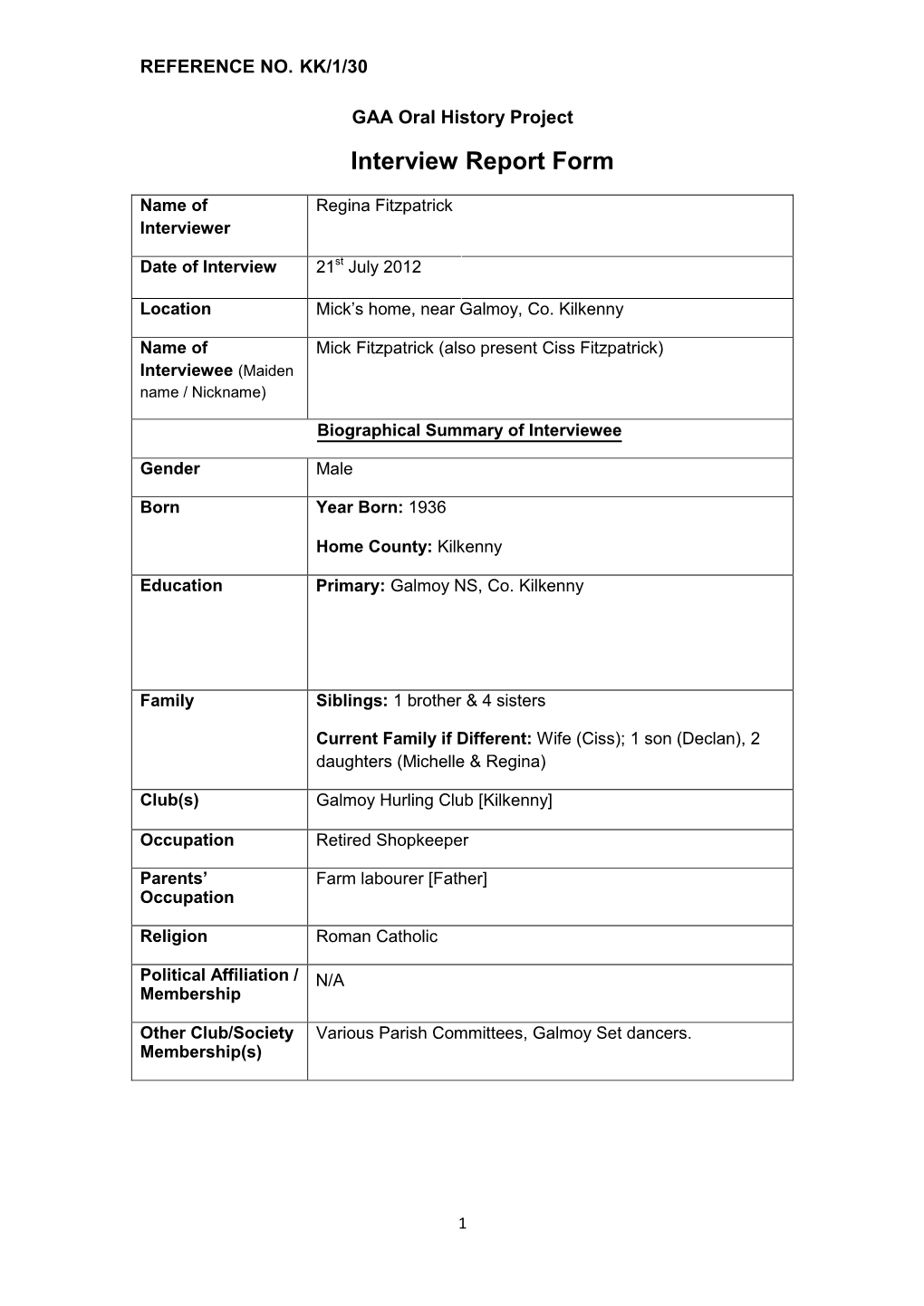 GAA Oral History Project Interview Report Form