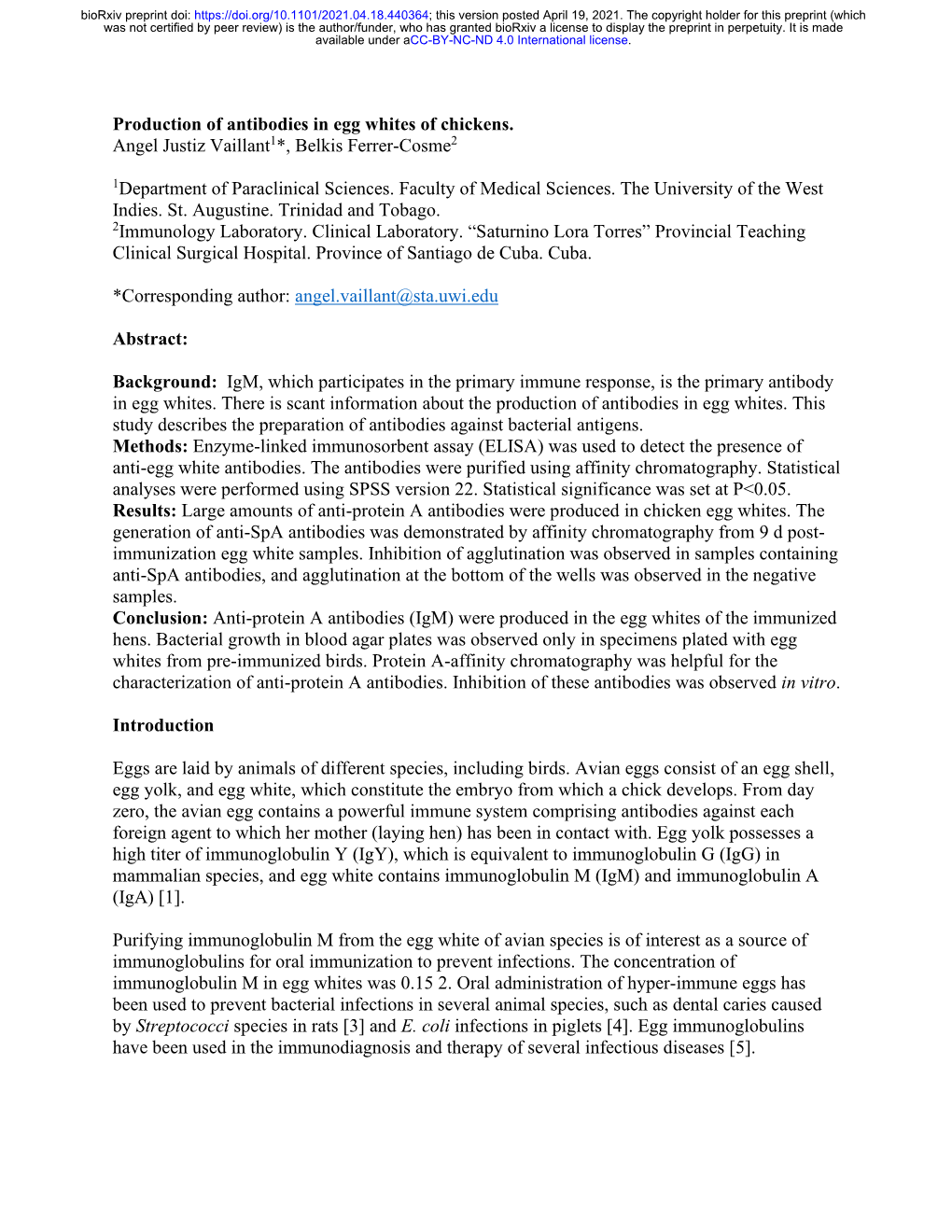 Production of Antibodies in Egg Whites of Chickens