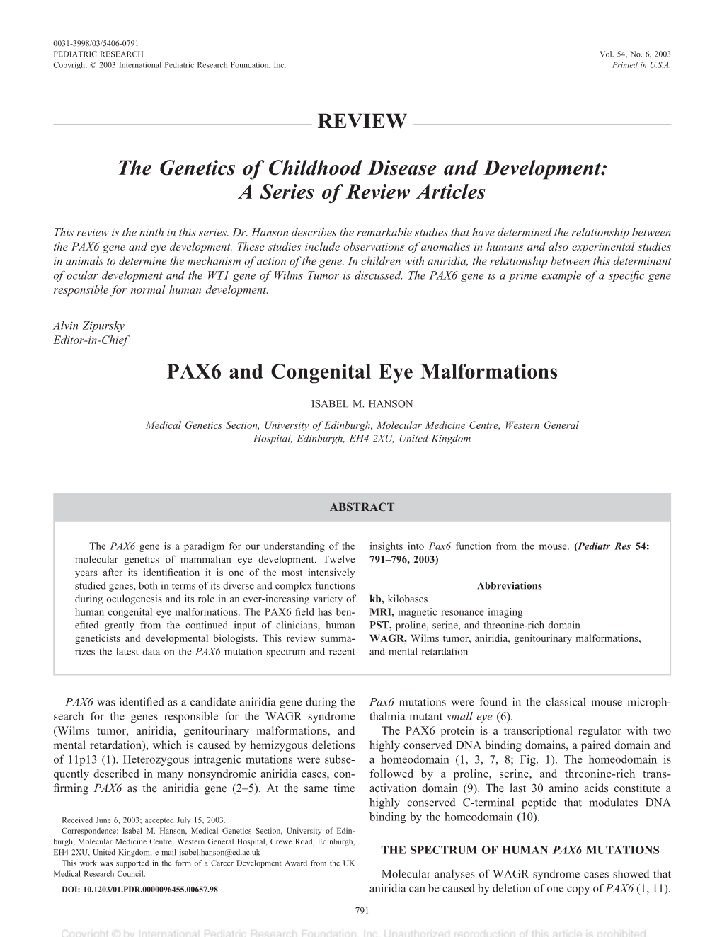 A Series of Review Articles PAX6 and Congenital Eye