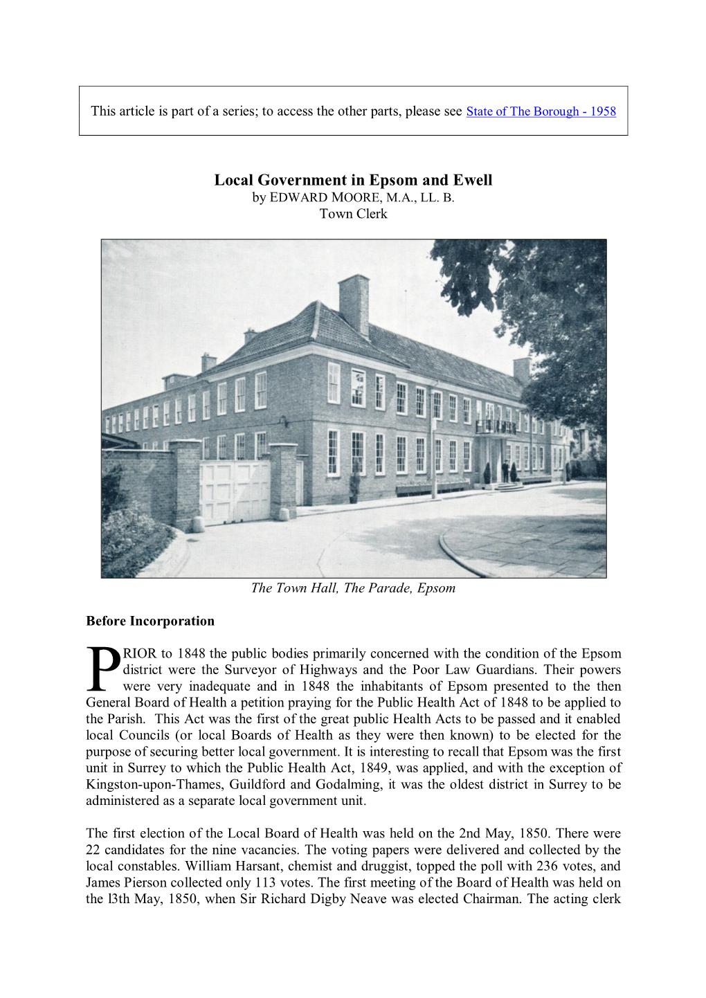 Local Government in Epsom and Ewell by EDWARD MOORE, M.A., LL