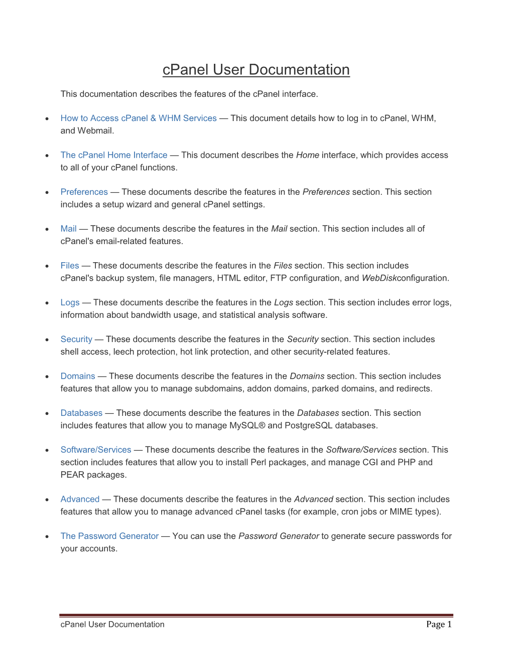 Cpanel User Documentation