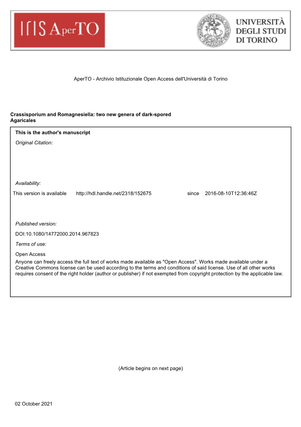 Crassisporium and Romagnesiella: Two New Genera of Dark-Spored Agaricales