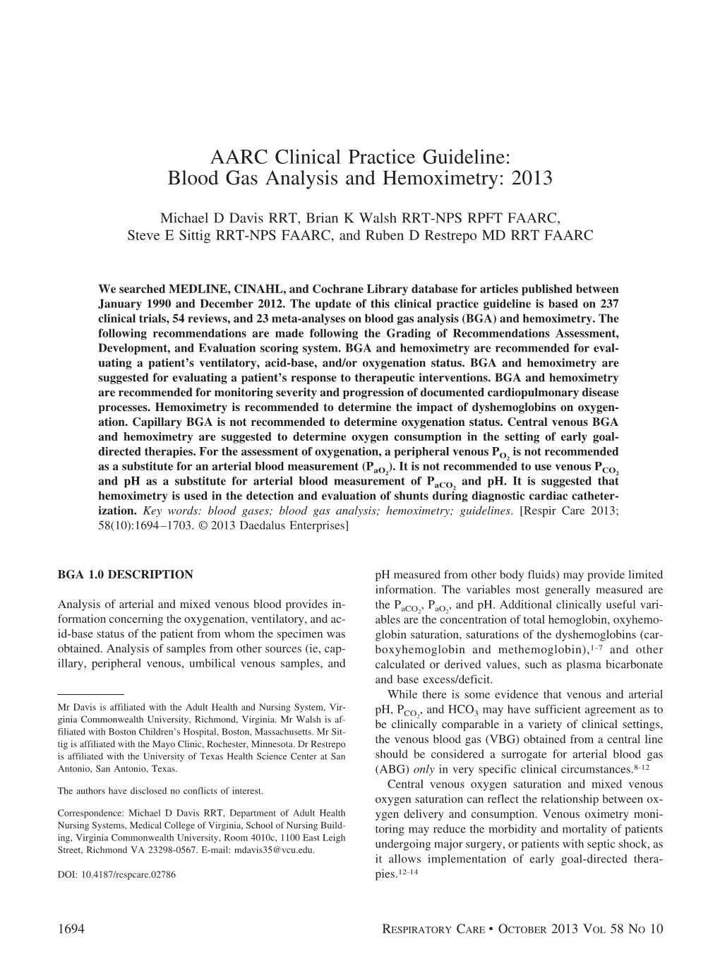 AARC Clinical Practice Guideline: Blood Gas Analysis and Hemoximetry: 2013