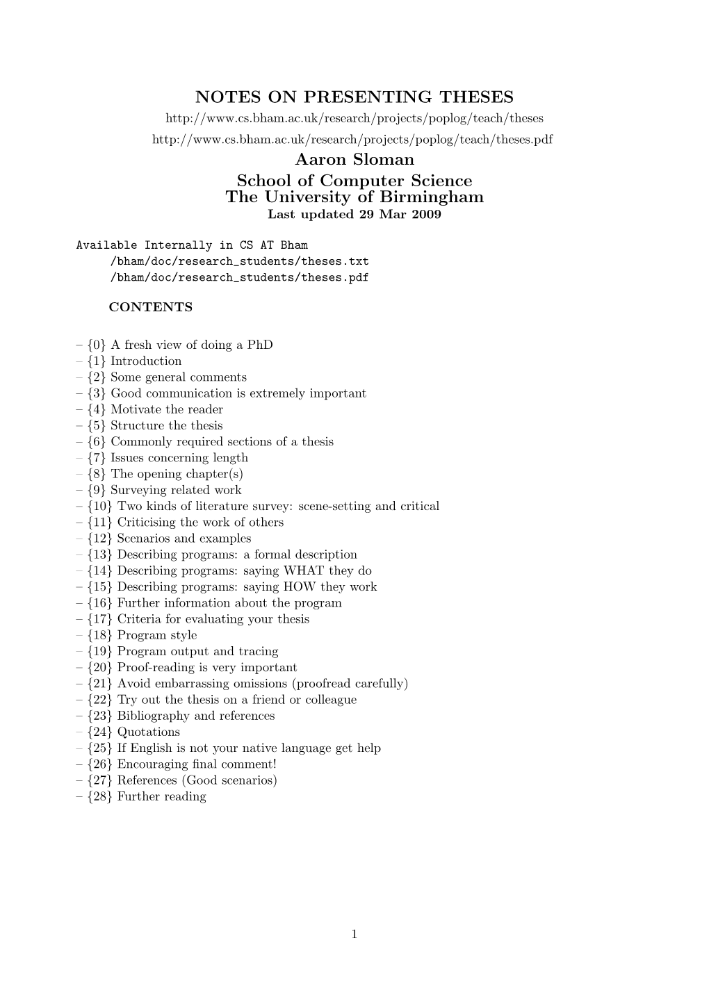 NOTES on PRESENTING THESES Aaron Sloman School of Computer