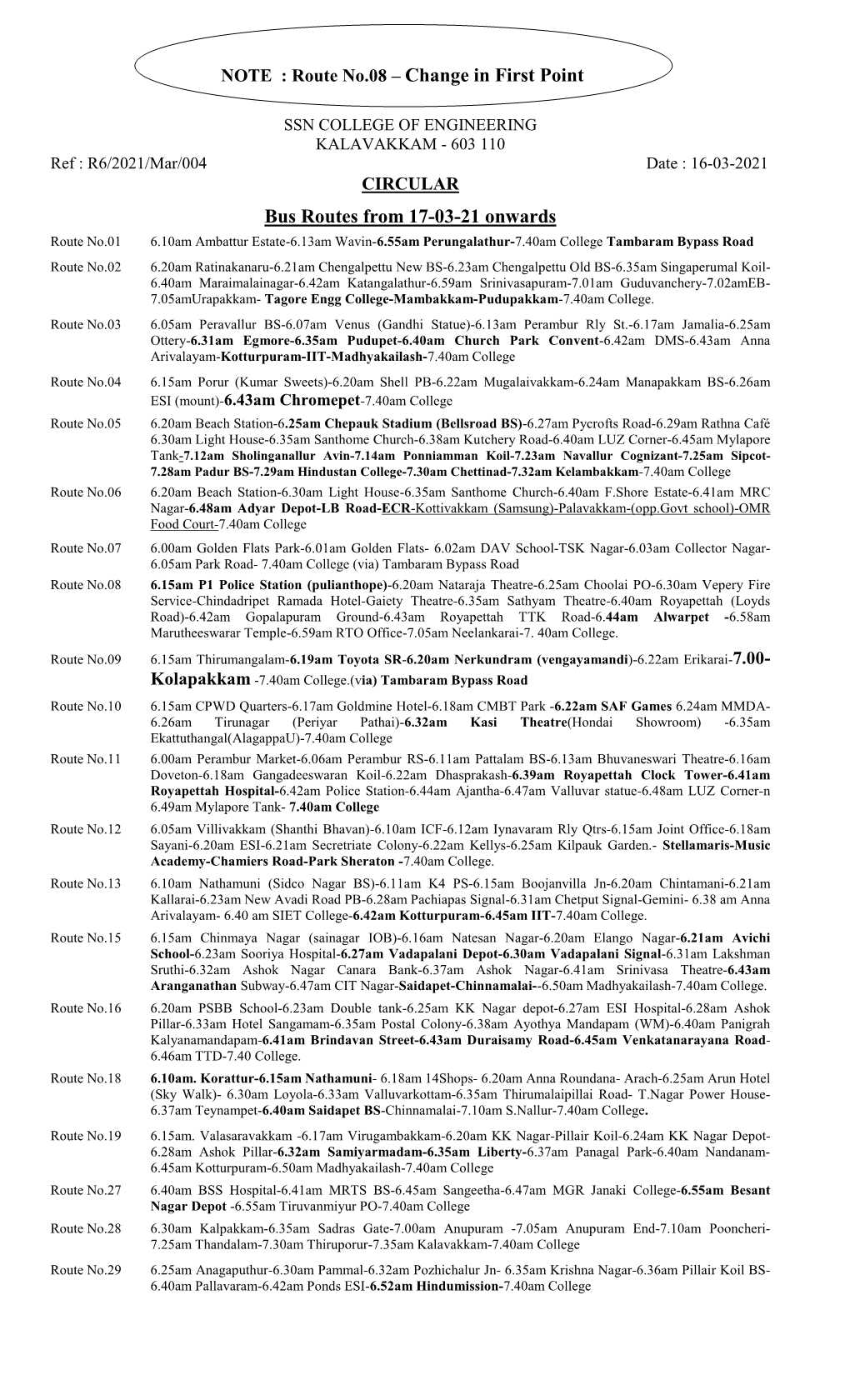 Bus Routes from 17-03-21 Onwards